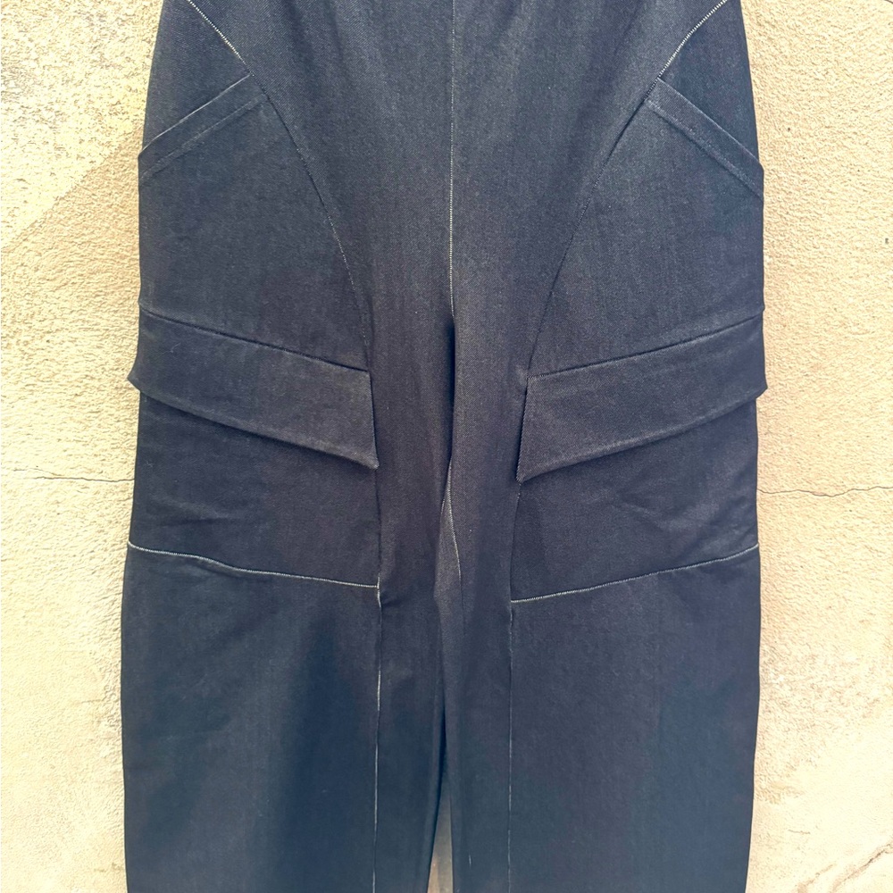Fishfash stretch denim pants. Exposed seams. Length is 36”. Waist is 32” elastic
